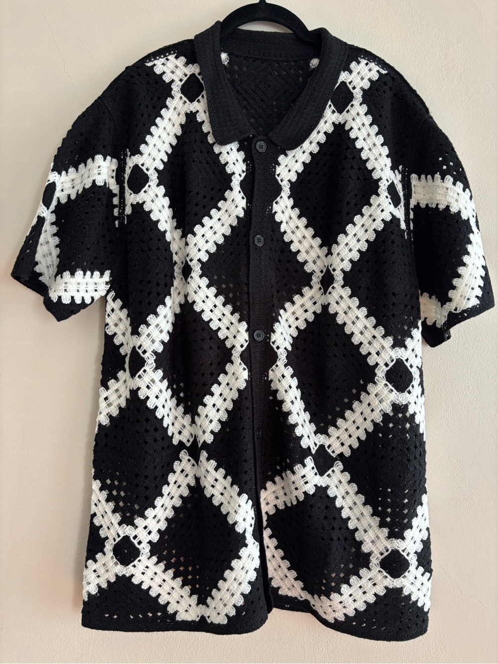 Men’s Black & White Crochet Short-Sleeve Button Down Shirt